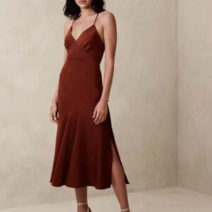ASYMMETRICAL SEAM MIDI SLIP DRESS